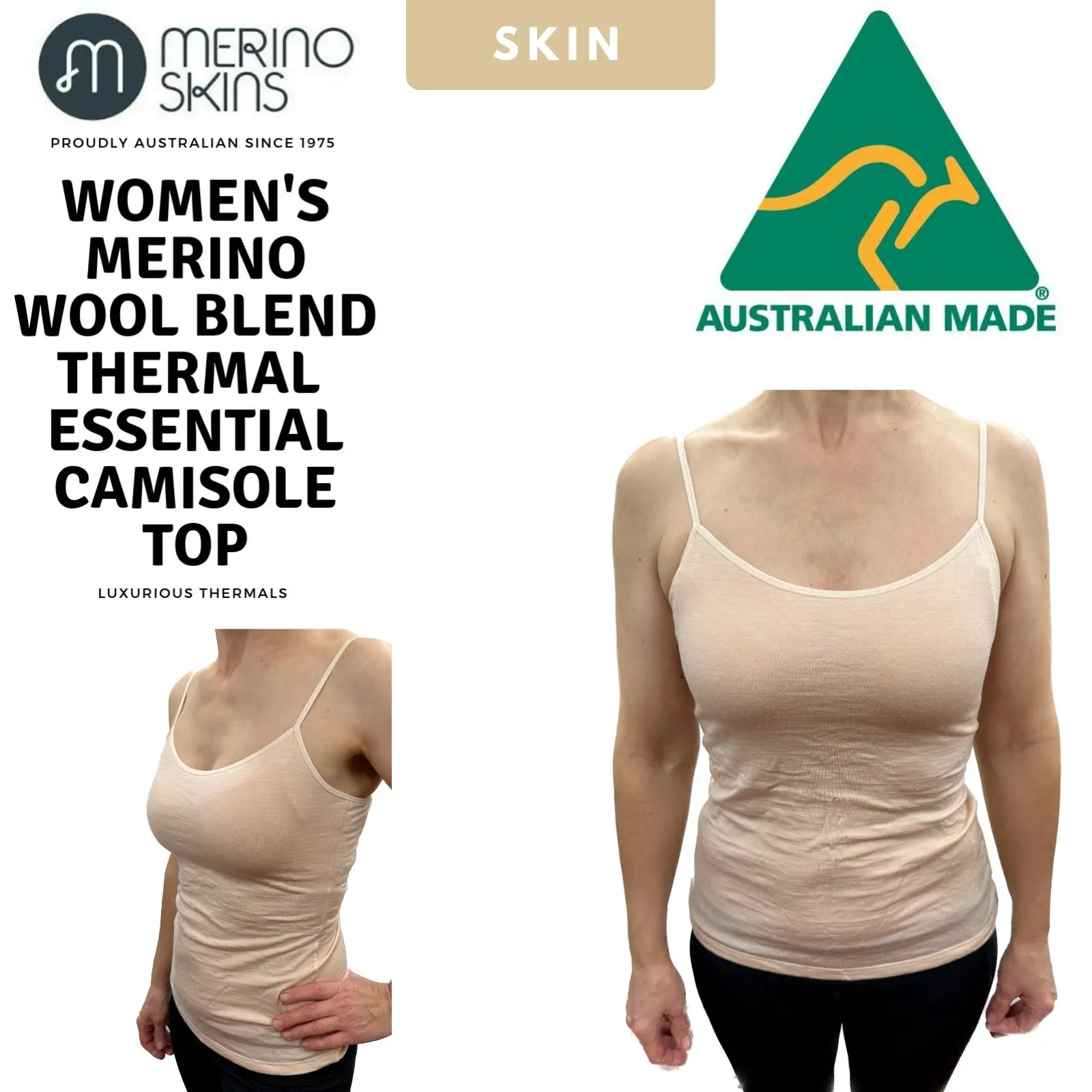 Merino Skins Womens Camisole Wool Thermal Underwear Top Cami Baselayer - Skin