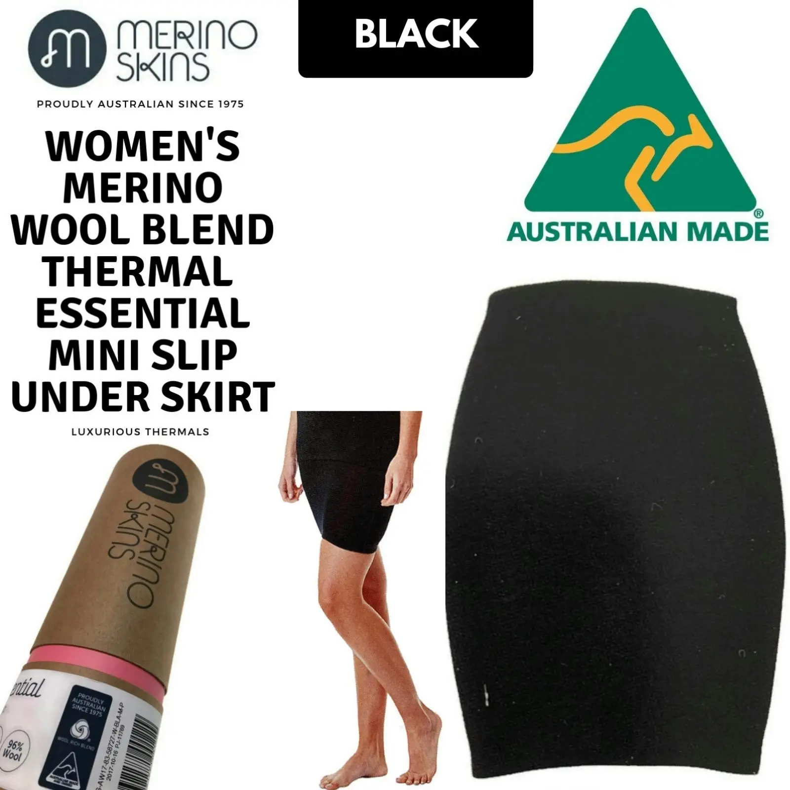 Merino Skins Thermal Womens Skirt Wool Winter Base Layer Thermals - Black