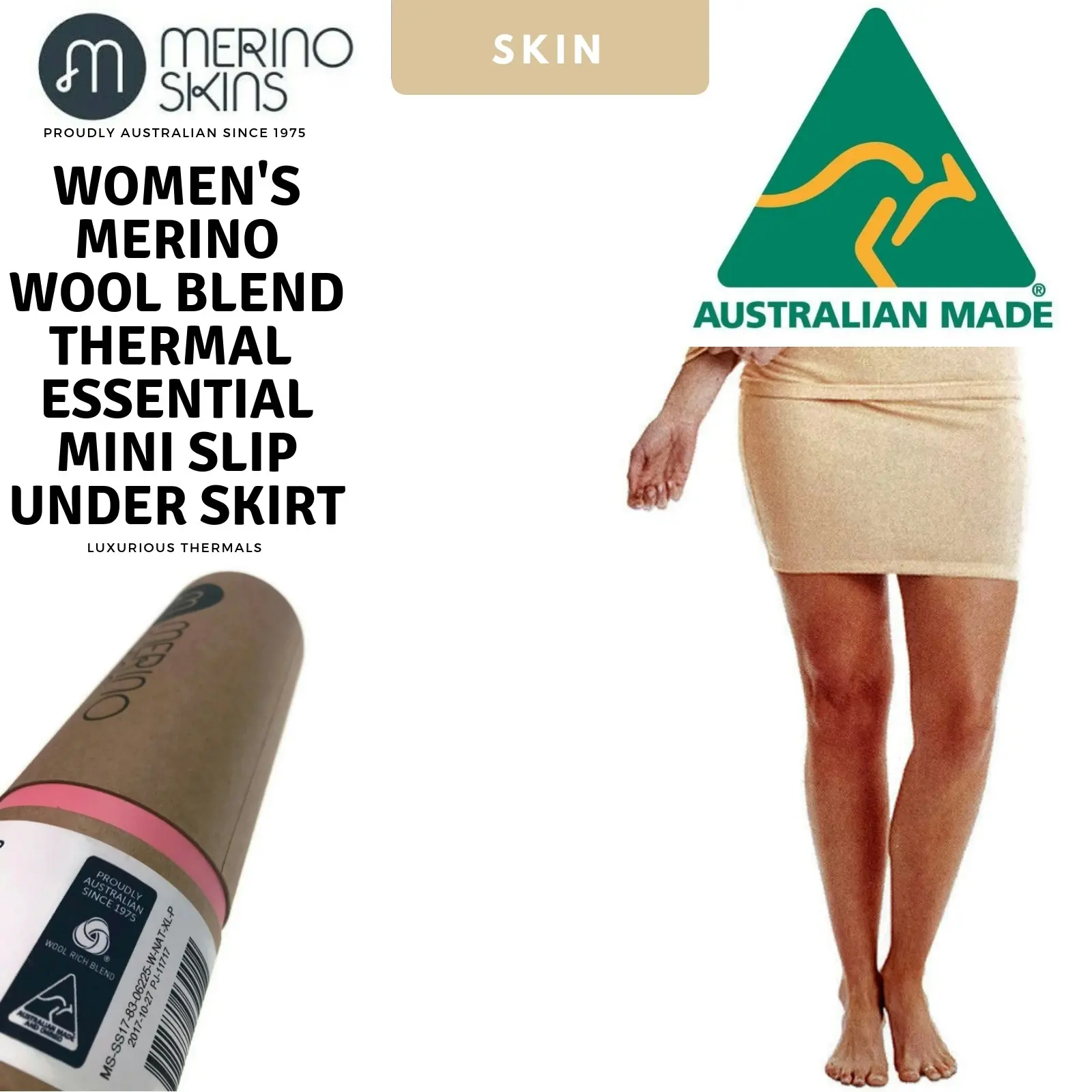 Merino Skins Womens Mini Slip Under Skirt Thermal Wool Wool Underwear - Skin