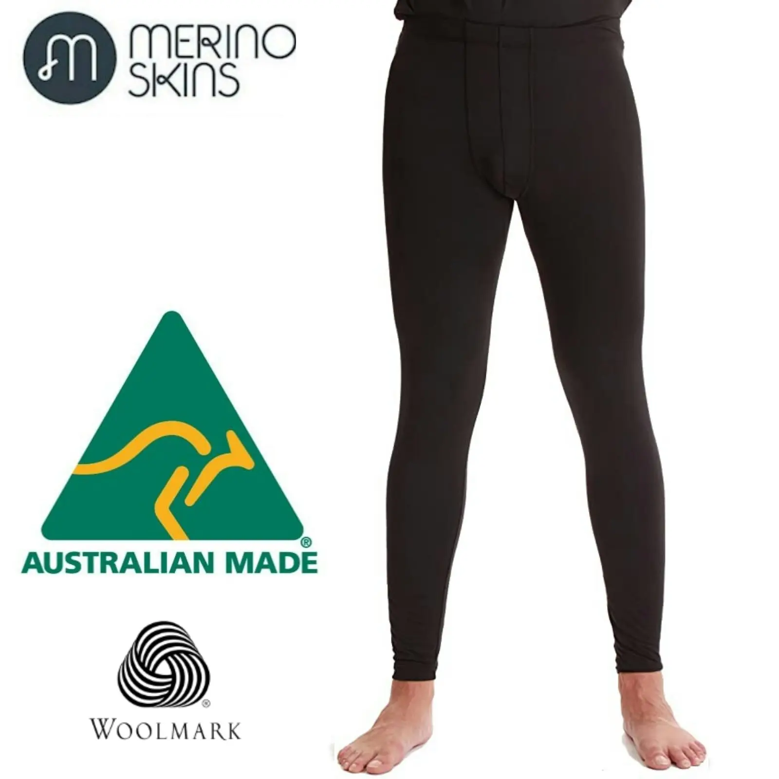 Merino Skins Mens Classic Long Johns Wool Thermal Pants Underwear - Black