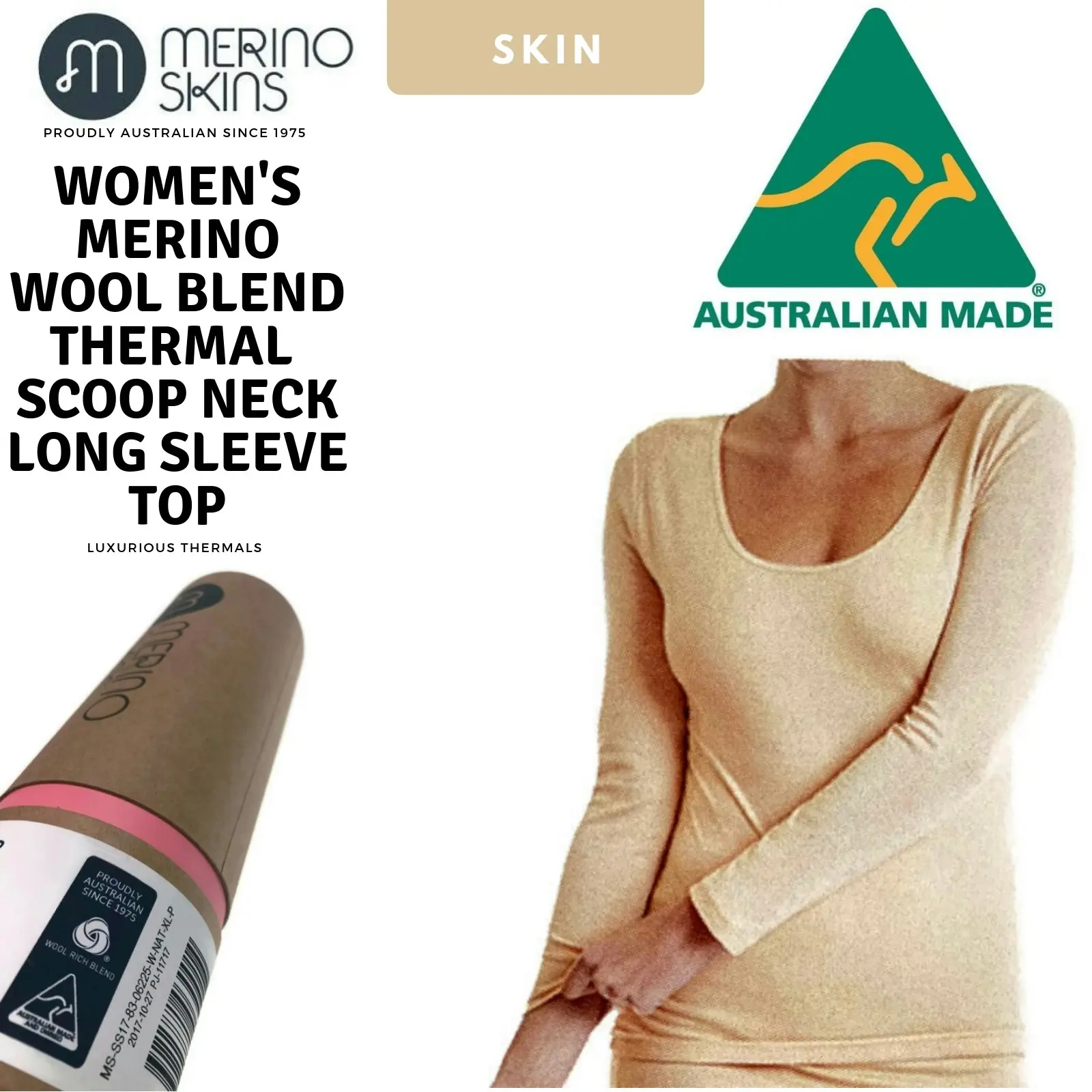 Merino Skins Womens Scoop Neck Long Sleeve Top Wool Warm Thermals - Skin