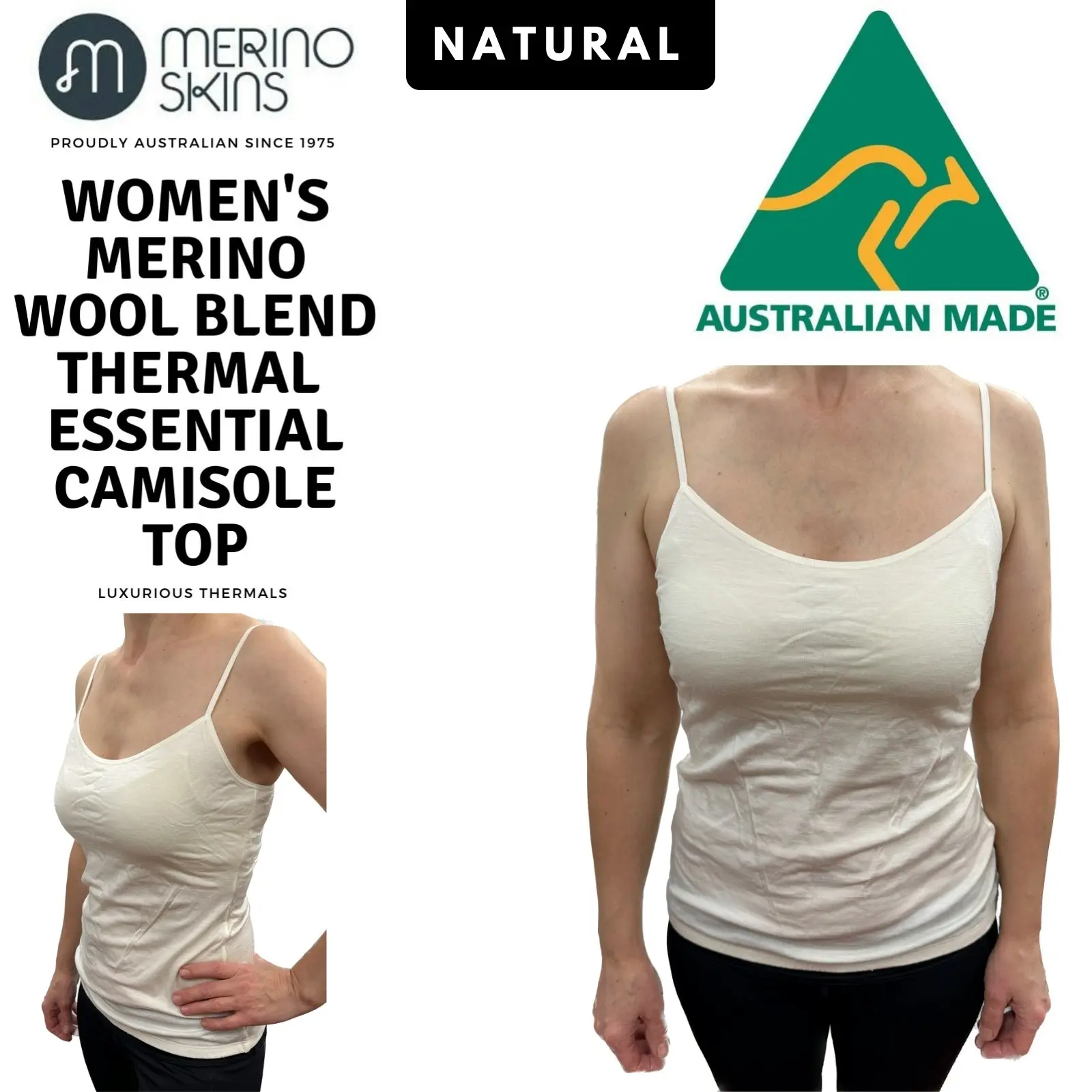 Merino Skins Womens Essential Camisole Wool Thermal Top Thermals Cami - Natural