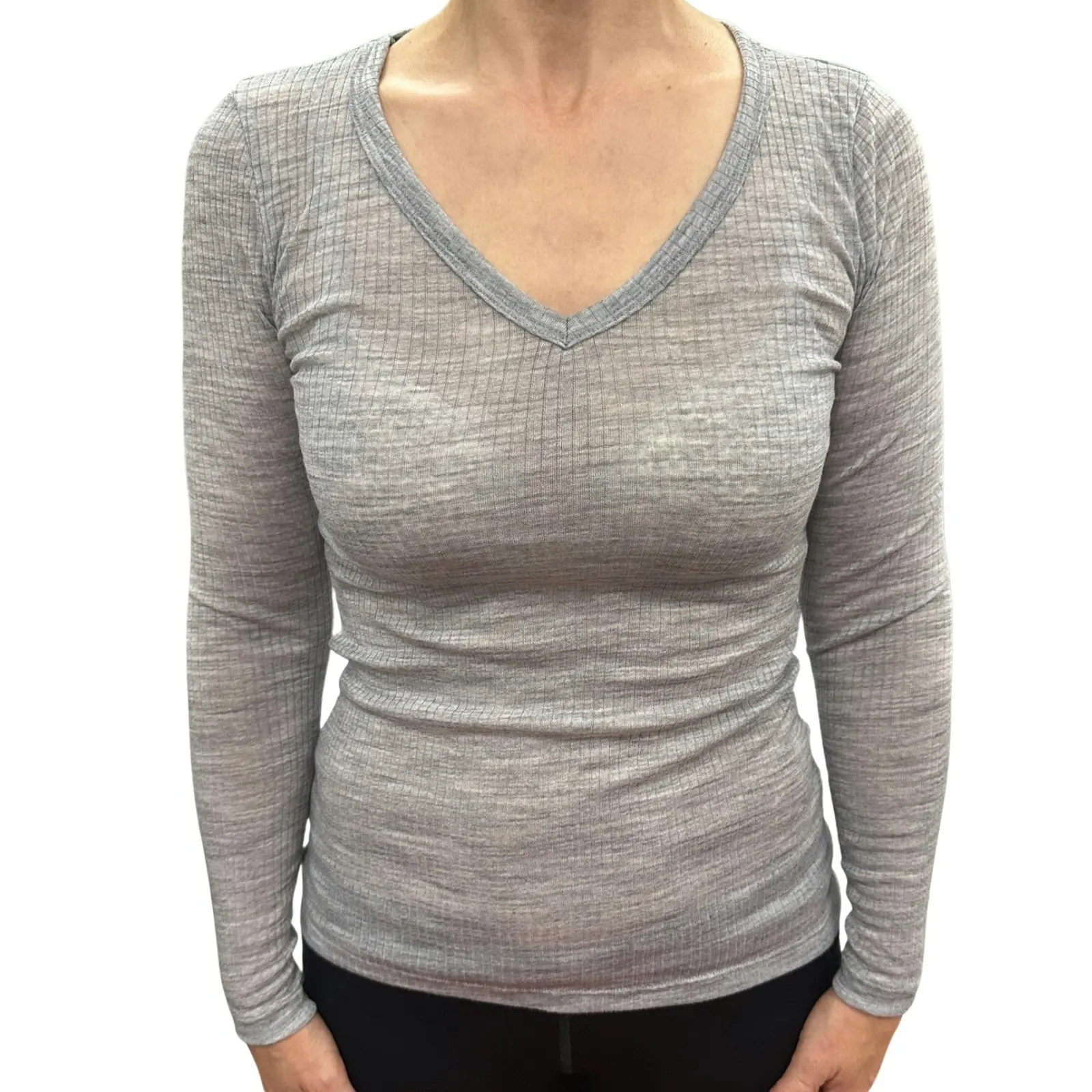 Merino Skins Verona Womens V-Neck Long Sleeve Thermal Underwear Soft Grey Marle