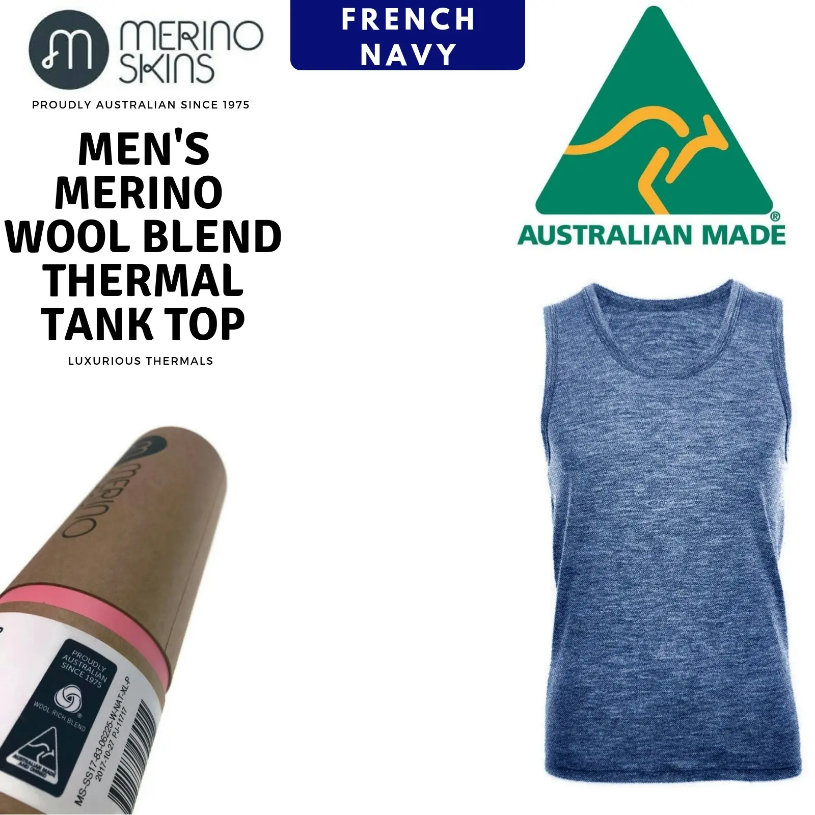 Merino Skins Mens Classic Round Neck Tank Singlet Thermal Top - French Navy