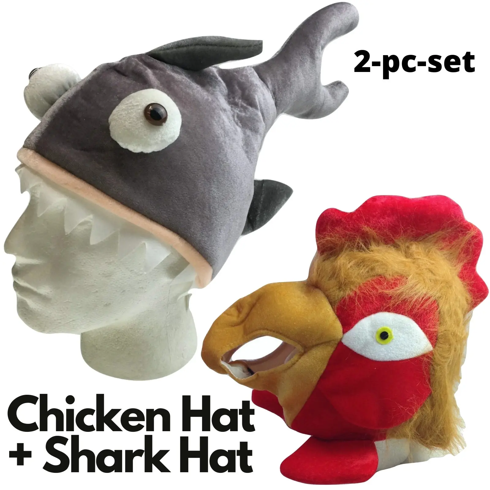 2pc Set Chicken Hat + Shark Hat Halloween Costume Accessory Fancy Dress Up Party