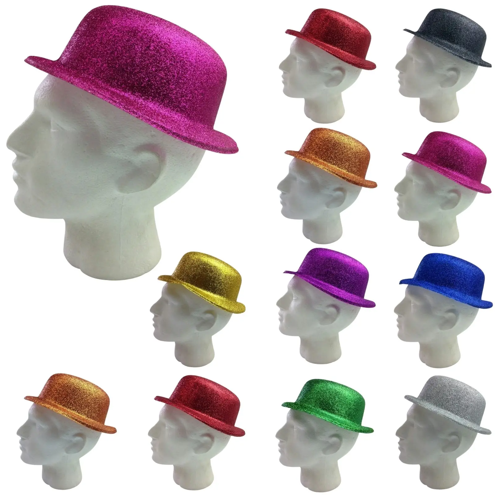 12x GLITTER BOWLER HAT Fancy Party Plastic Costume Cap Fun Dress Up Sparkle BULK