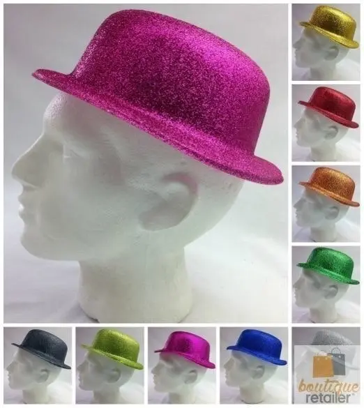 12x GLITTER BOWLER HAT Fancy Party Plastic Costume Cap Fun Dress Up Sparkle BULK