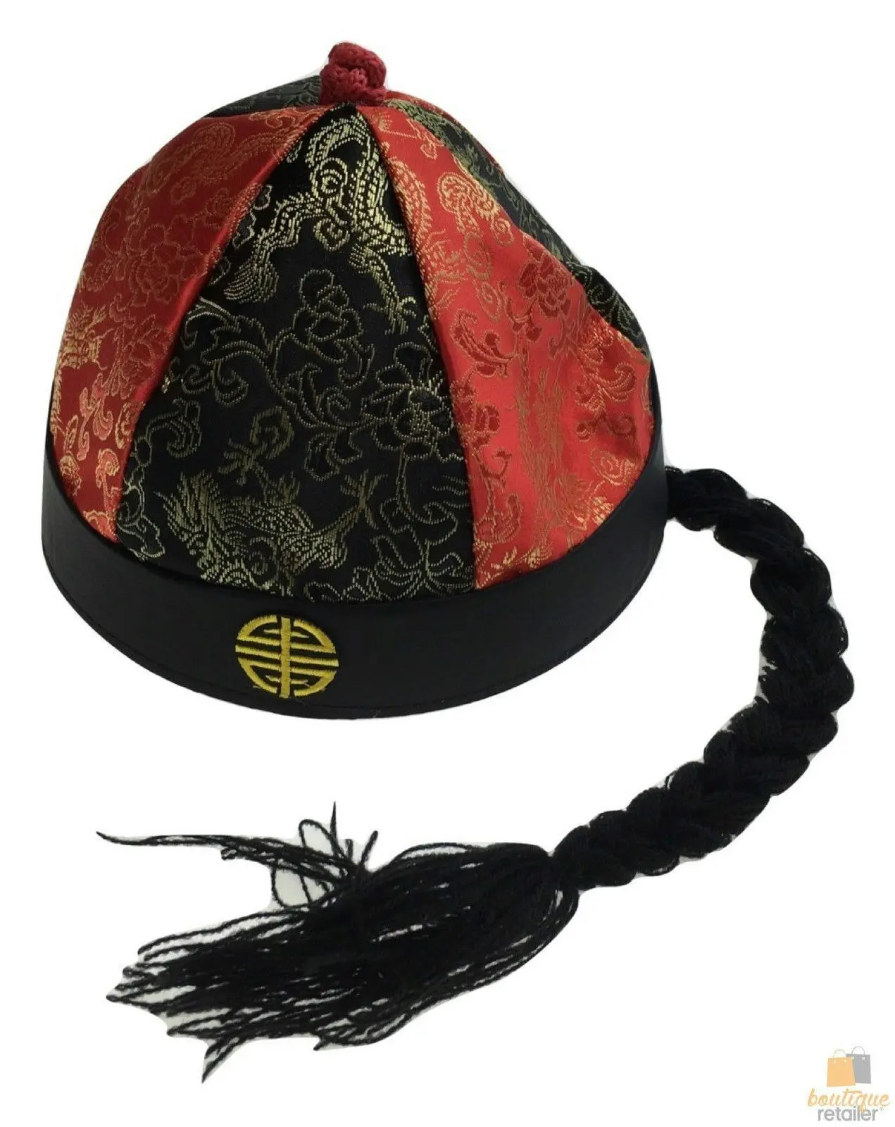 CHINESE LANDLORD HAT Oriental Asian Cap w Ponytail Party Costume Traditional