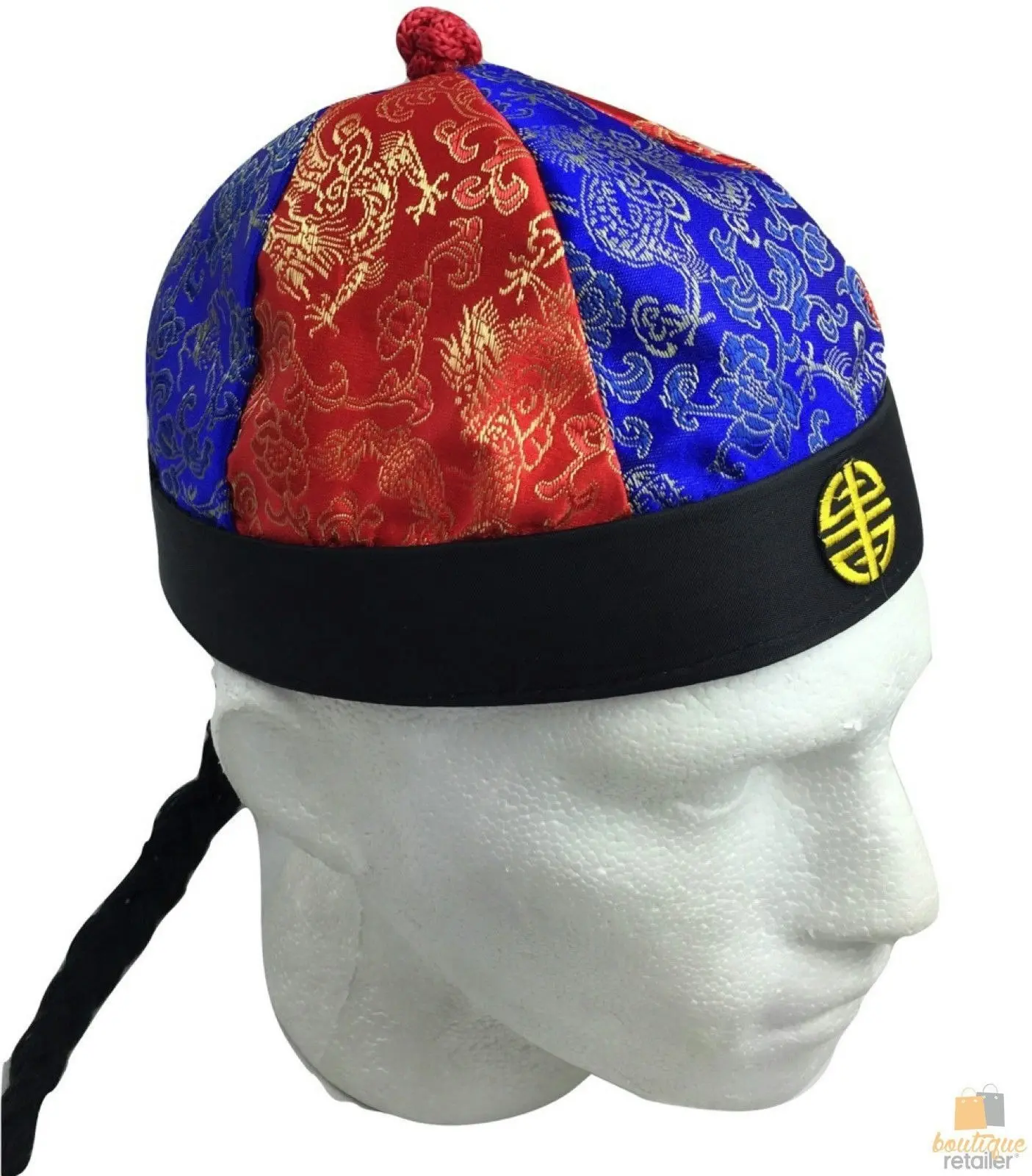 CHINESE LANDLORD HAT Oriental Asian Cap w Ponytail Party Costume Traditional