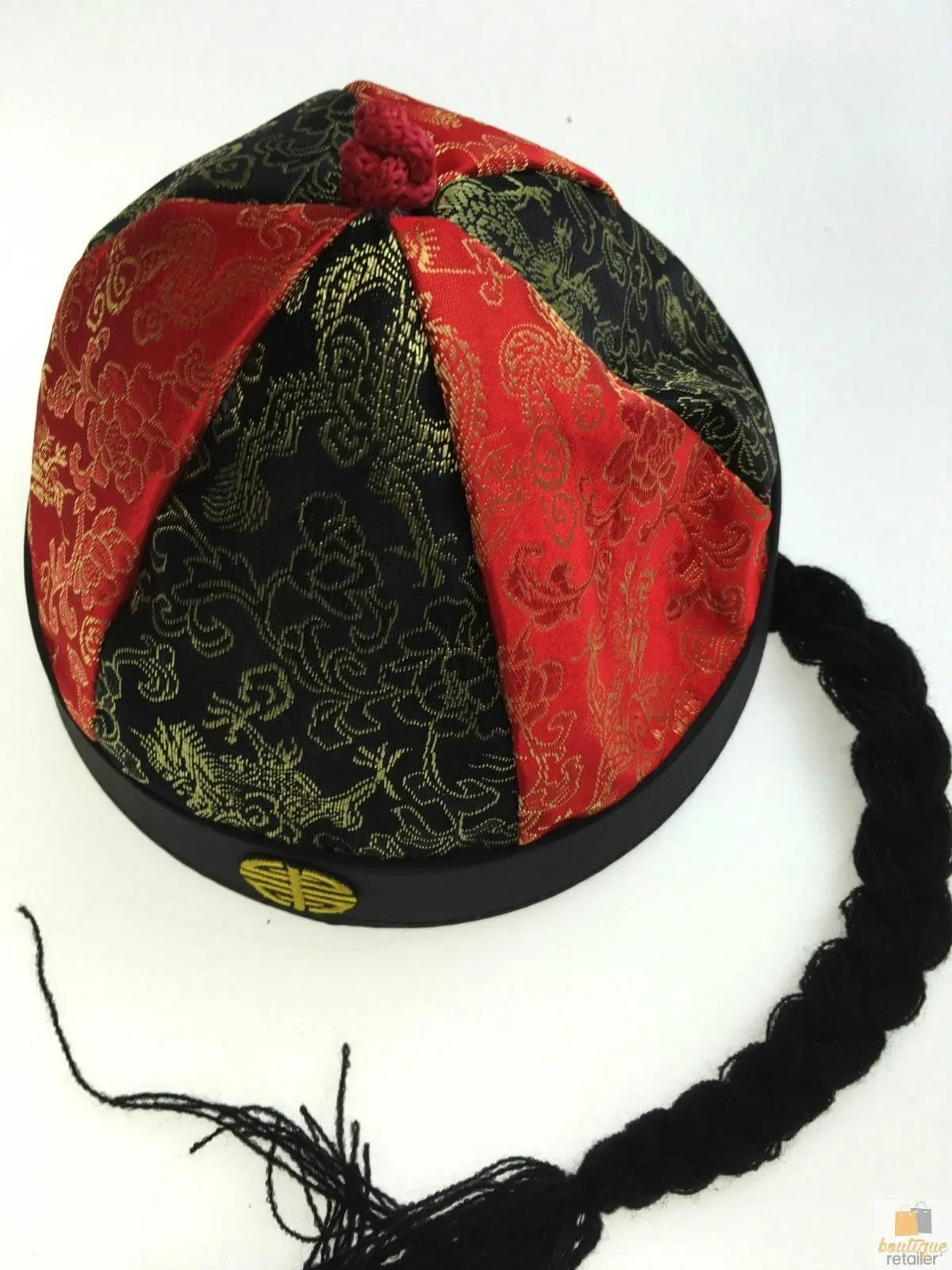 CHINESE LANDLORD HAT Oriental Asian Cap w Ponytail Party Costume Traditional