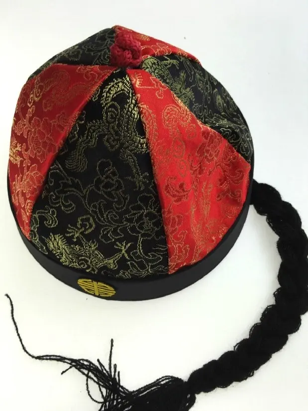 CHINESE LANDLORD HAT Oriental Asian Cap w Ponytail Party Costume Traditional