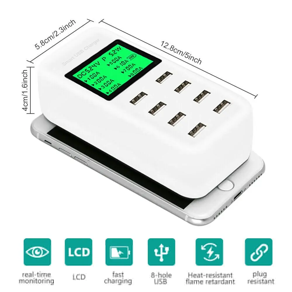 8 Port USB Hub Multi Dock Phone Charger Charging Station Desktop Power Adapter