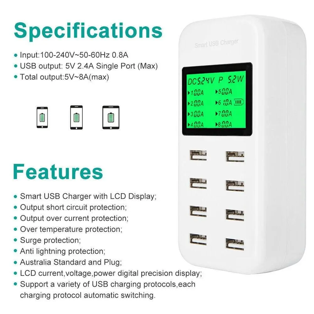 8 Port USB Hub Multi Dock Phone Charger Charging Station Desktop Power Adapter