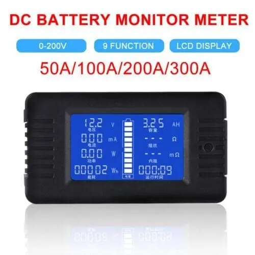 LCD Display DC Battery Monitor Meter 200V Voltmeter Amp For RV System 50A