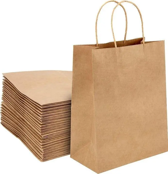 100x Kraft Paper Bags Gift Carry Craft Brown Bag with Handles | 19x25x8cm Size