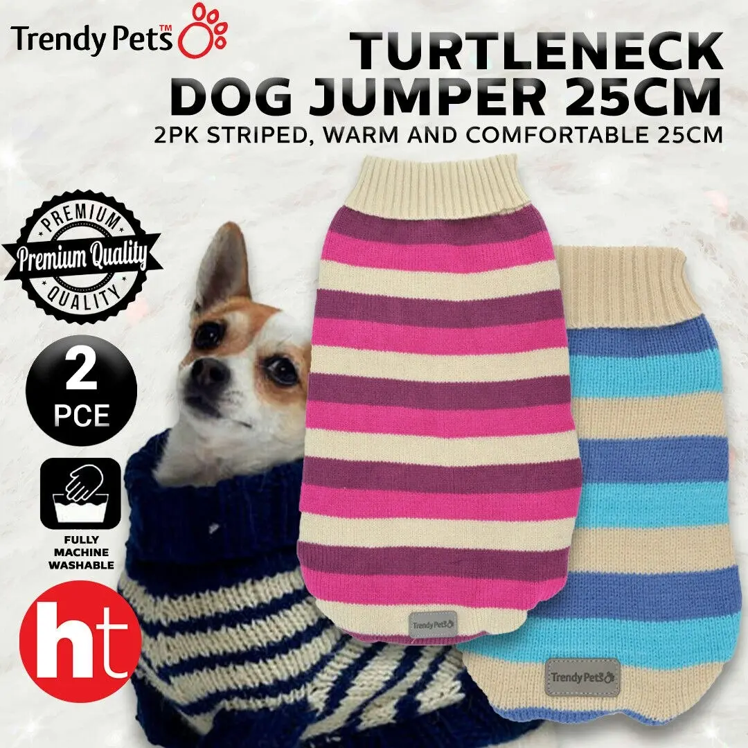 Trendypets Turtleneck Dog Jumper 2pk Striped - Warm and Comfortable Pet Jumper 25cm