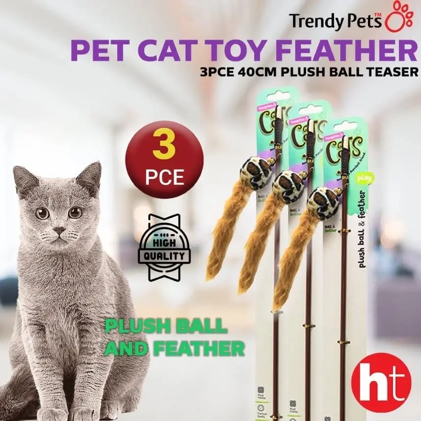 Trendypets Pet Cat Toy Feather Plush Ball Teaser 40Cm 3Pce Interactive Encourage Natural Instinct To Pounce