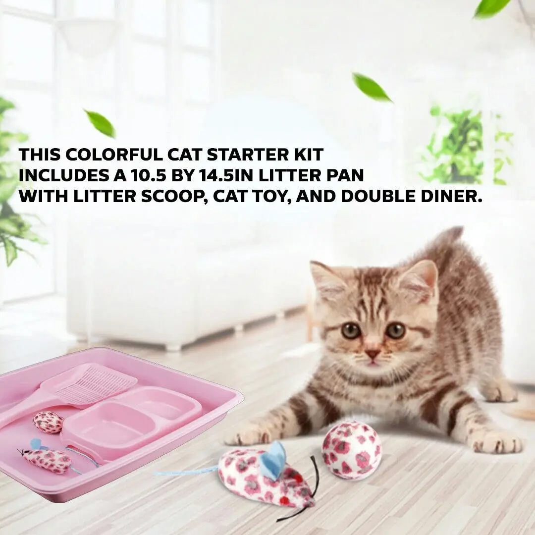 PaWise Cat Kitten Starter Kit Pink 5Pc Includes Toilet Bowl Litter Scoop 2X Toys With Catnip Fun For Cat 37Cm