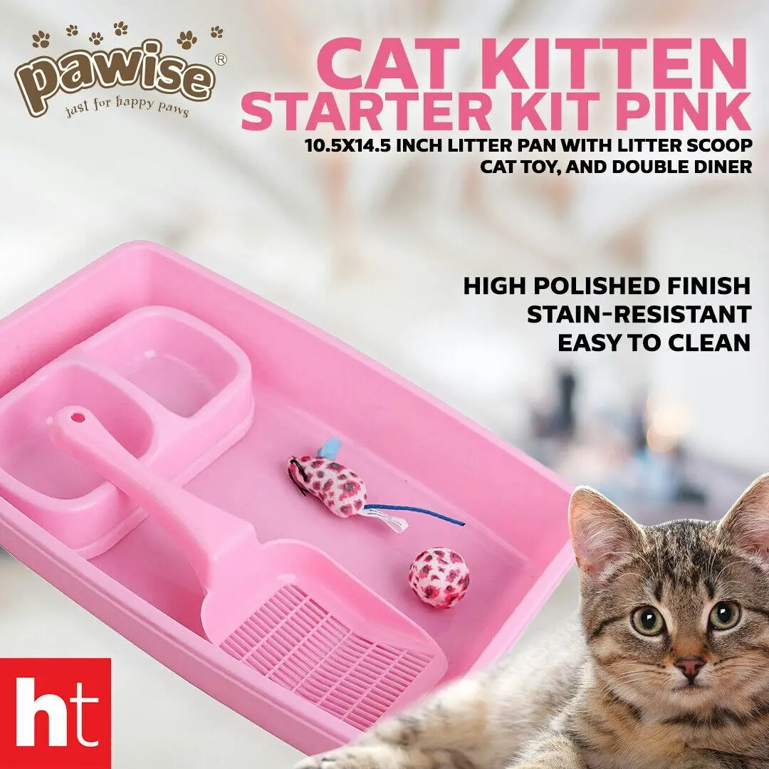 PaWise Cat Kitten Starter Kit Pink 5Pc Includes Toilet Bowl Litter Scoop 2X Toys With Catnip Fun For Cat 37Cm