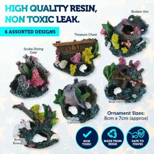 Pet Basic 6PCE Fish Aquarium Resin Ornaments Assorted Designs 8cm