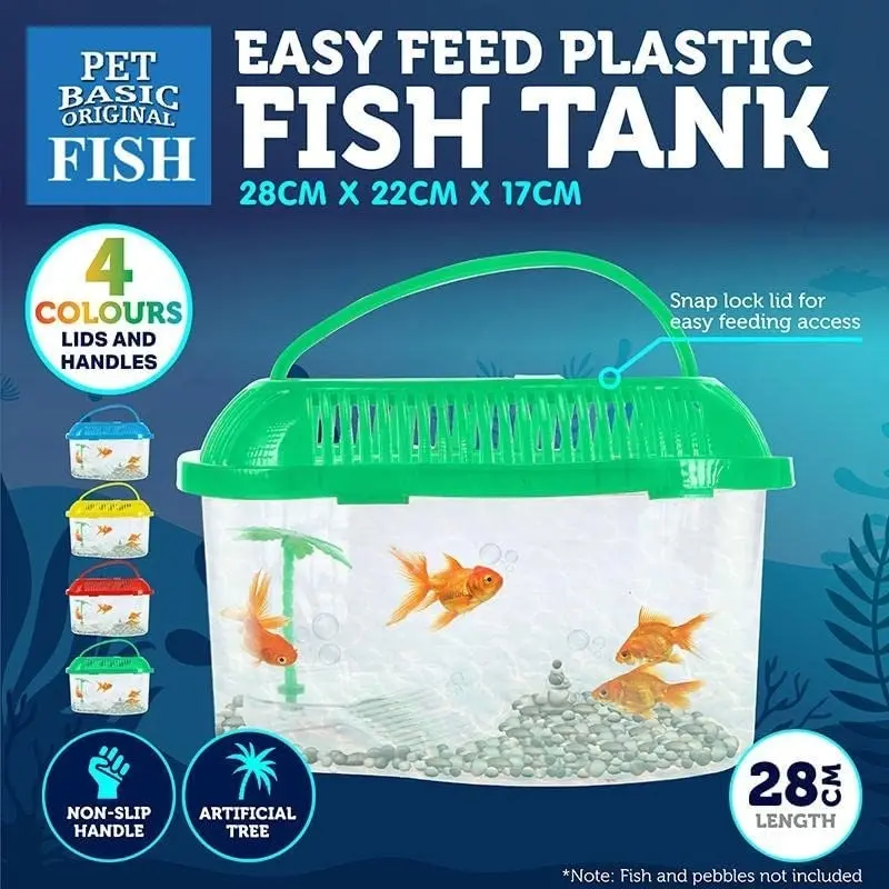 Pet Basic Original Easy Feed Plastic Fish Tank 28cm x 22cm x 17cm with Non-Slip Handle and Artificial Tree (Red)