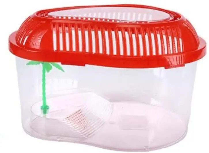 Pet Basic Original Easy Feed Plastic Fish Tank 28cm x 22cm x 17cm with Non-Slip Handle and Artificial Tree (Red)