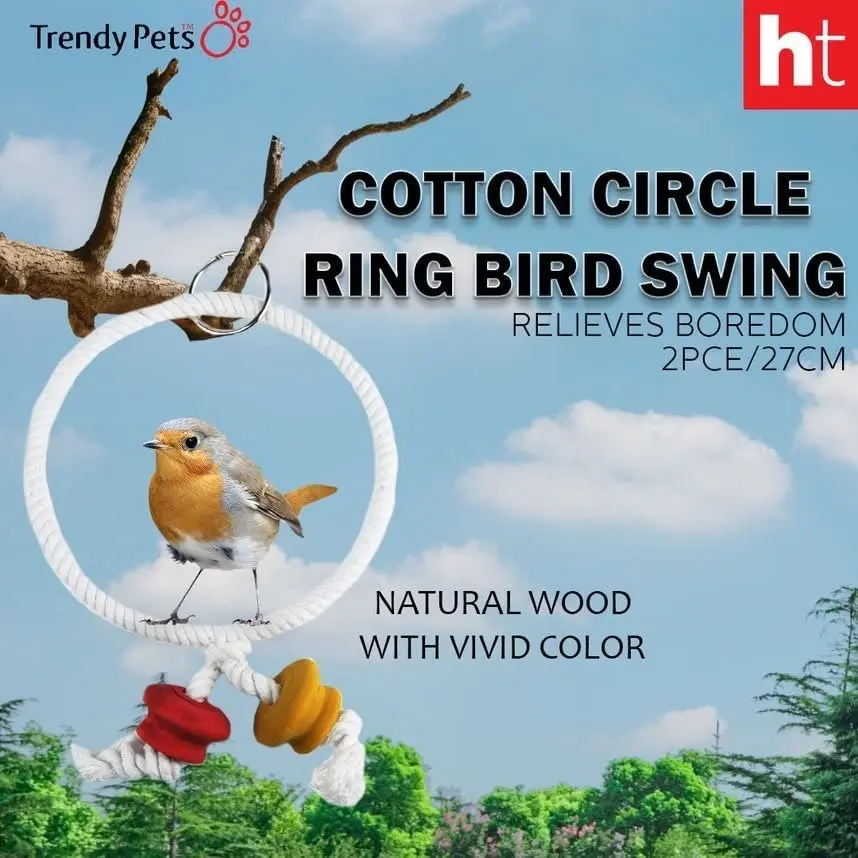 Trendypets Cotton Circle Ring Bird Swing Toy 27Cm 2Pce Natural Wood Vivid Color Strong Rope Swing With Clip