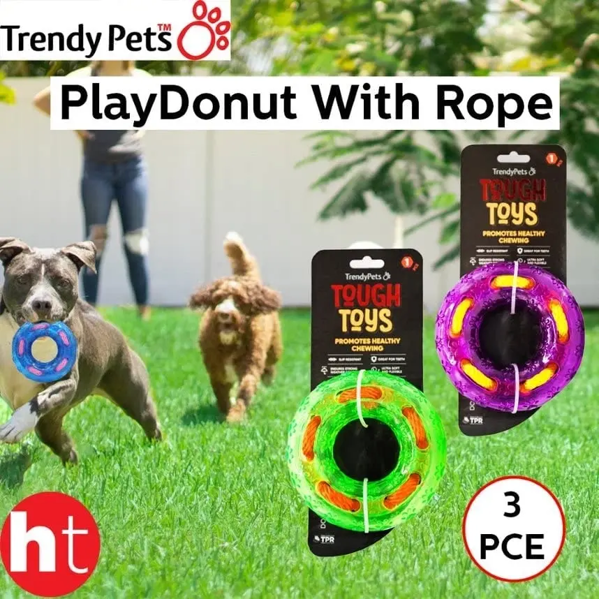 Trendypets Pet Dog Toy Play Donut With Rope 13Cm 3Pce Supertough Prevent Gum Disease