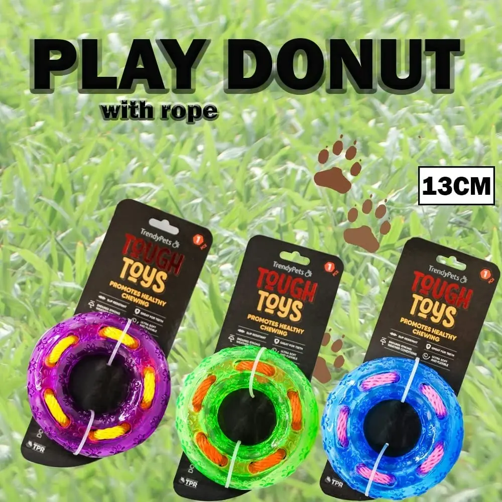 Trendypets Pet Dog Toy Play Donut With Rope 13Cm 3Pce Supertough Prevent Gum Disease