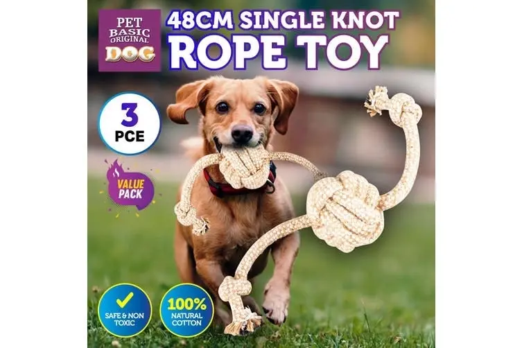 Pet Basic 3PK Rope Dog Toys Natural Cotton Thick Tug Fetch Play 48cm