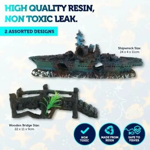 Pet Basic 2PCE Fish Aquarium Resin Ornaments Shipwreck & Bridge 24cm