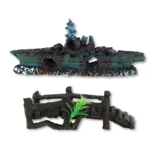 Pet Basic 2PCE Fish Aquarium Resin Ornaments Shipwreck & Bridge 24cm