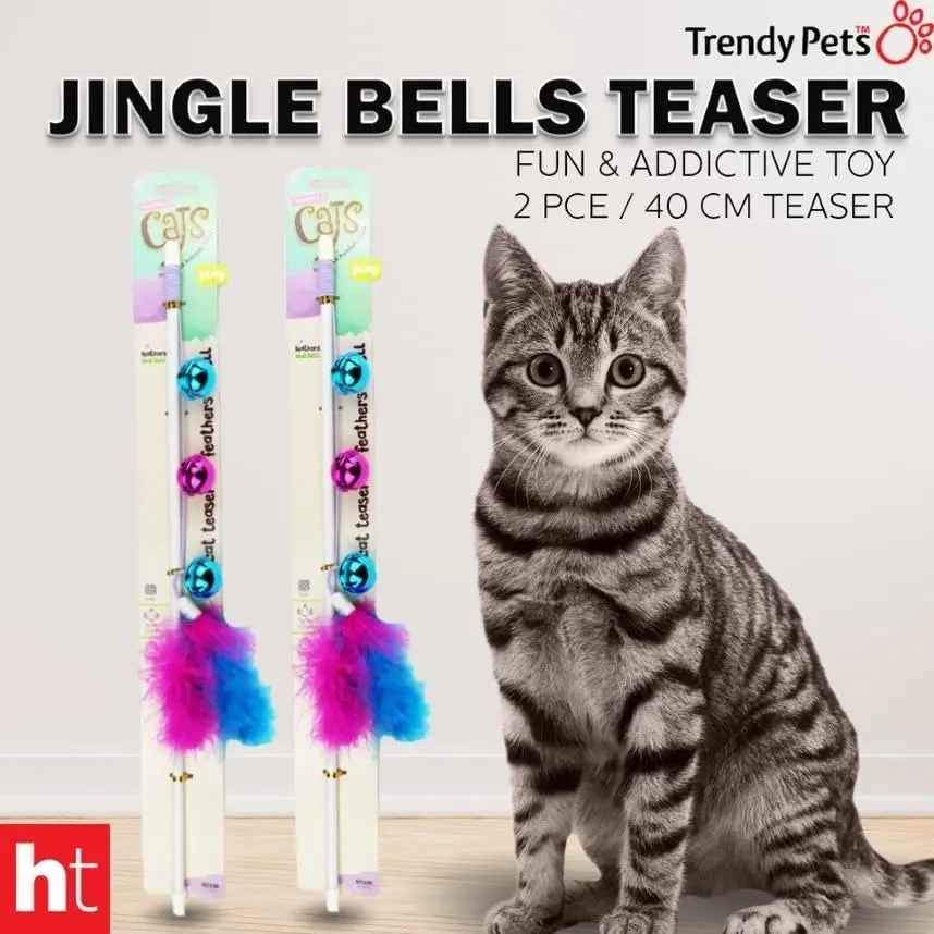 Trendypets Pet Cat Toy Feather Jingle Bells Teaser 2Pce Interactive Safe For Children