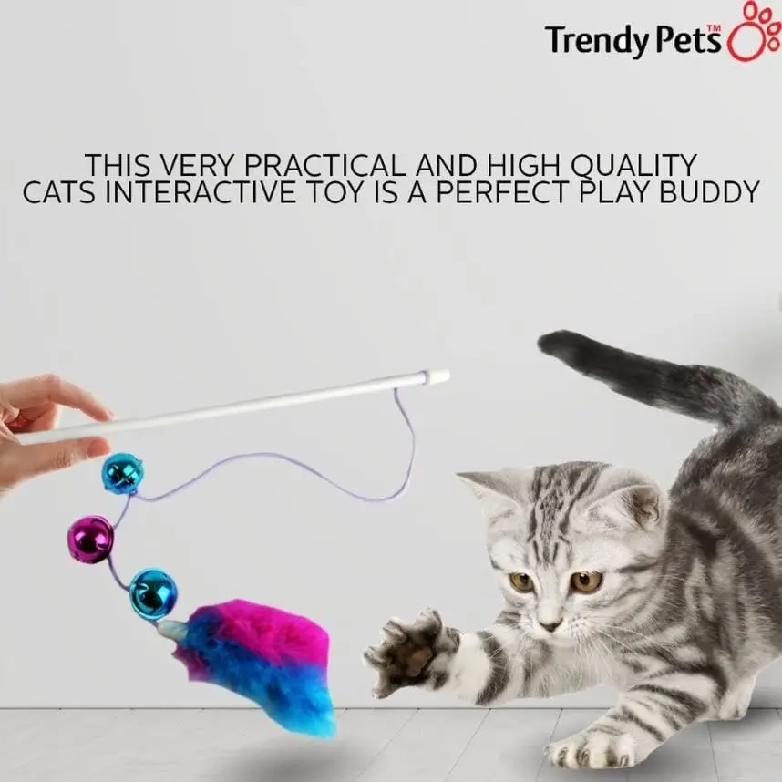 Trendypets Pet Cat Toy Feather Jingle Bells Teaser 2Pce Interactive Safe For Children