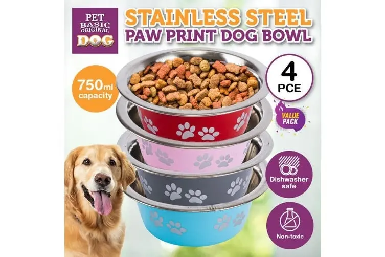 Pet Basic 4PCE Dog Bowl Stainless Steel Paw Print Design Durable 750ml