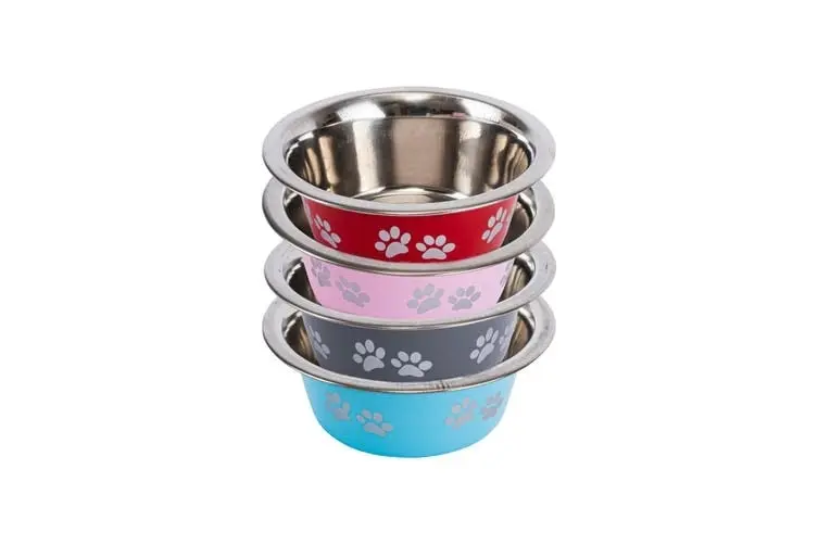 Pet Basic 4PCE Dog Bowl Stainless Steel Paw Print Design Durable 750ml