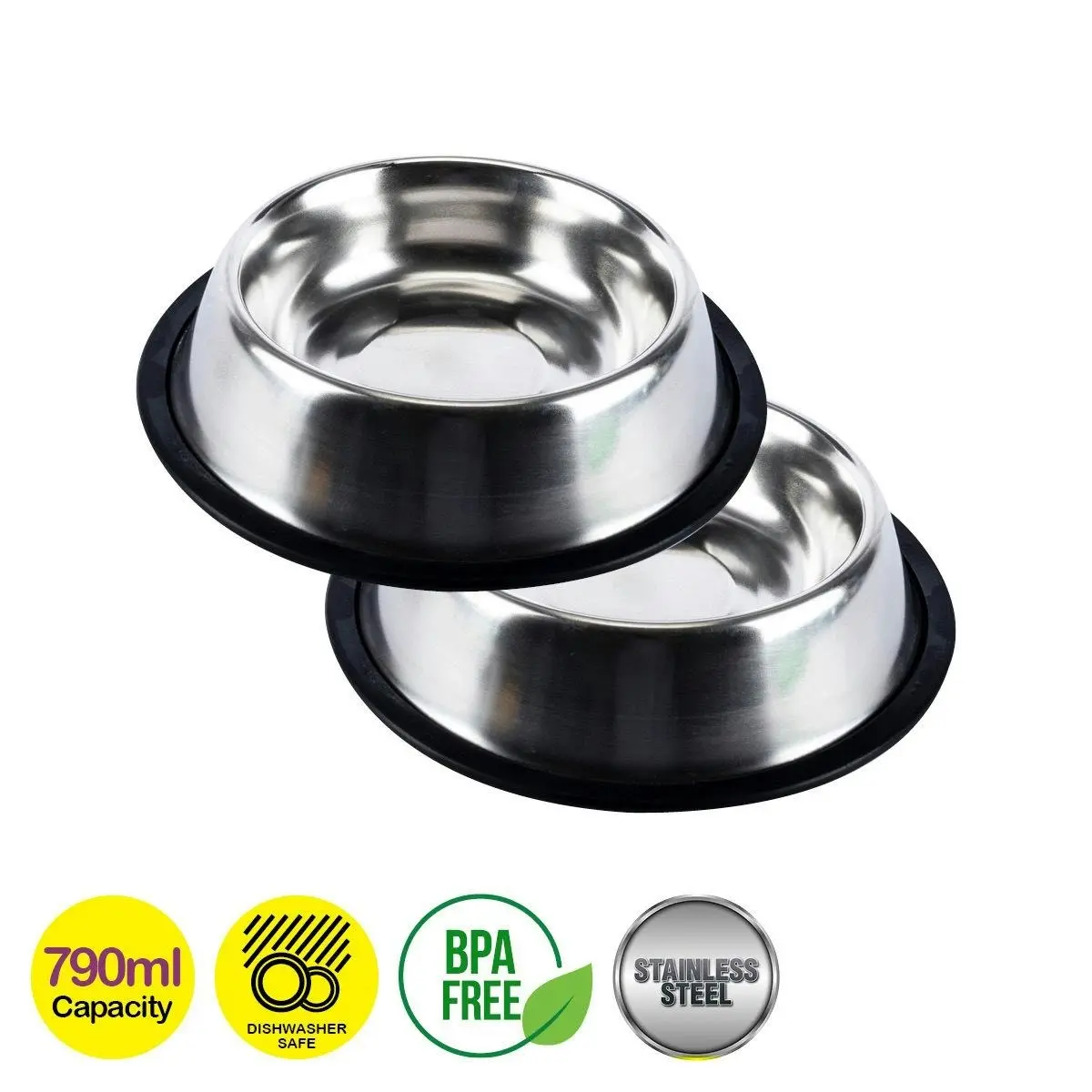 Pet Basic 2PCE Stainless Steel Pet Bowl Non Slip Base Dishwasher Safe 790ml