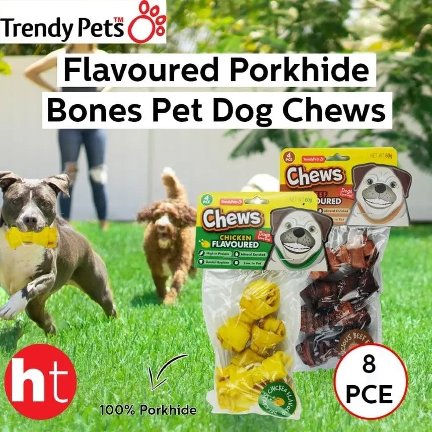 Trendypets Flavoured Porkhide Bones Pet Dog Chews 7.5Cm 2.5Cm 8Pce Teeth Gums Healthy Clean Vitamins Minerals