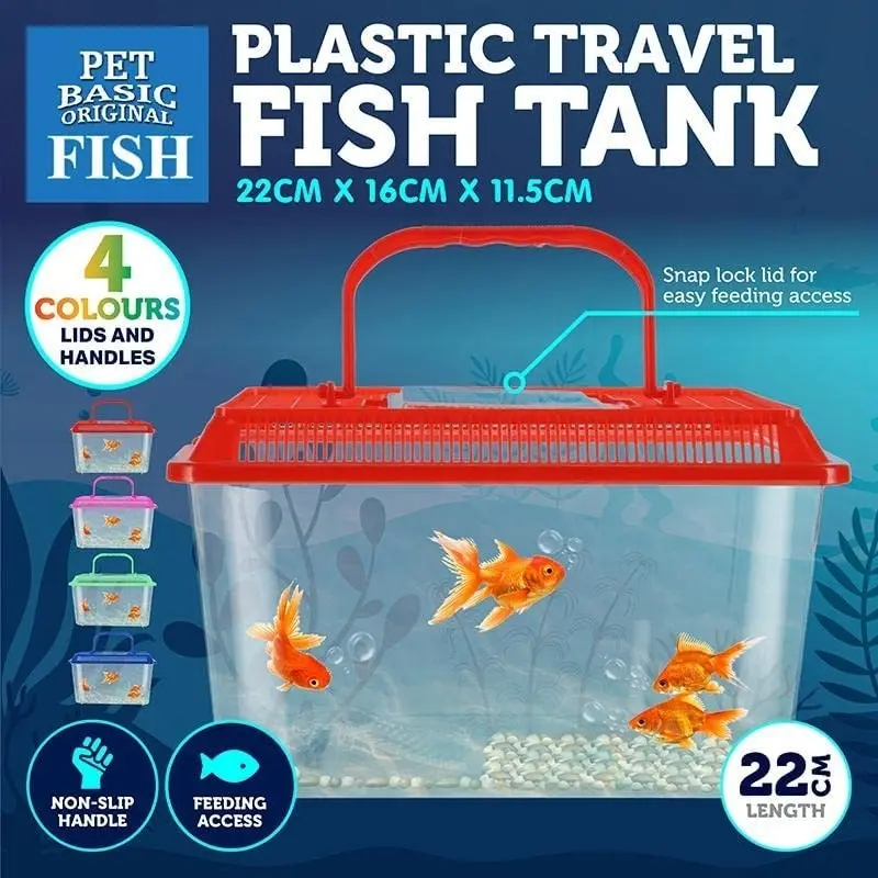 Pet Basic Original Plastic Travel Fish Tank - Green - 22cm x 16cm x 11.5cm with Snap Lock Lid for Easy Feeding Access (Pink)