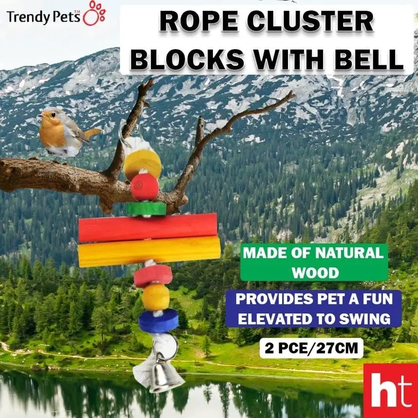 Trendypets Pet Bird Rope Cluster Blocks With Bell 27Cm 2Pce Natural Wood Vivid Color Swing