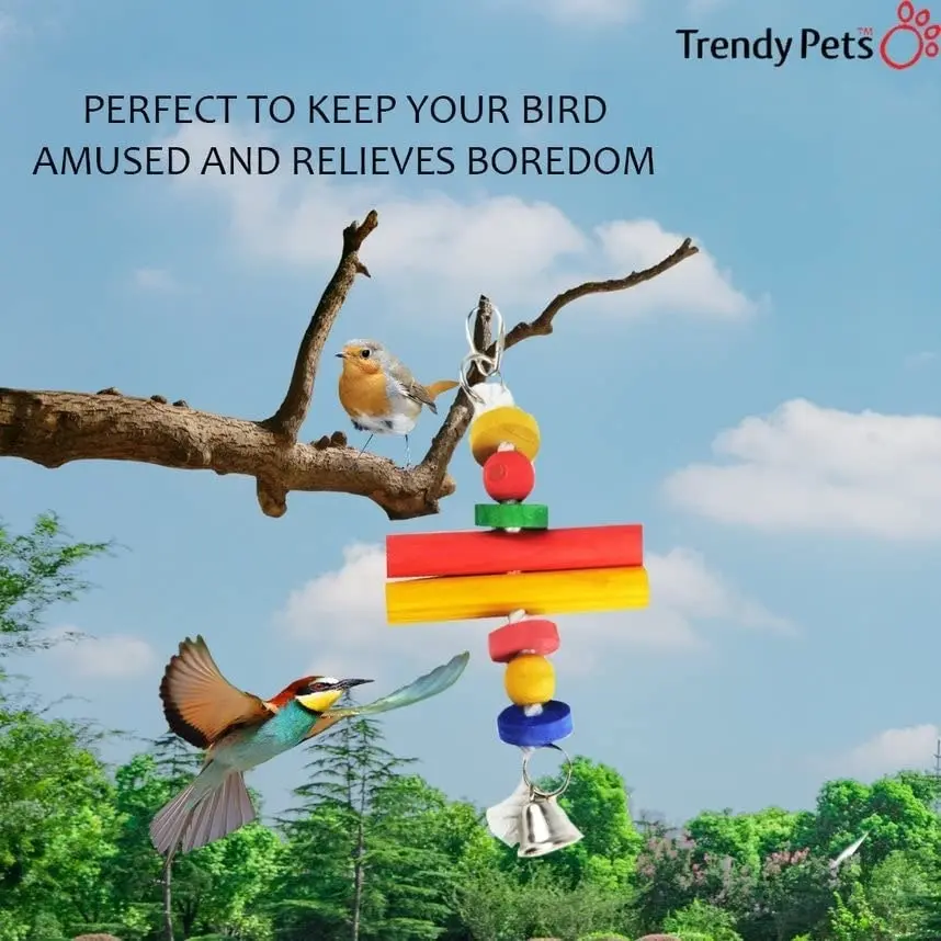 Trendypets Pet Bird Rope Cluster Blocks With Bell 27Cm 2Pce Natural Wood Vivid Color Swing