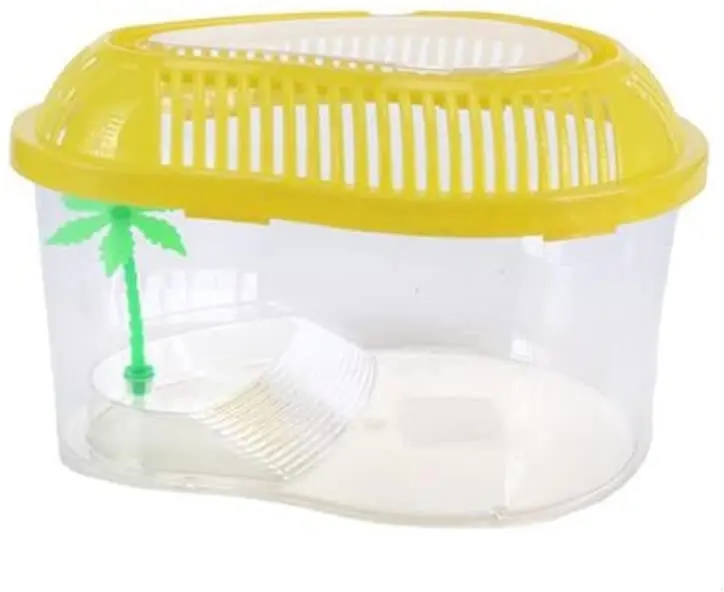 Pet Basic Original Easy Feed Plastic Fish Tank 28cm x 22cm x 17cm with Non-Slip Handle and Artificial Tree (Yellow)