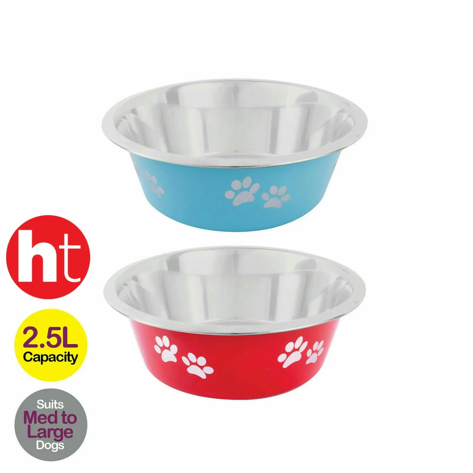 Pet Basic 2PCE Stainless Steel Large Bowls 25cm Paw Print Design 2500ml