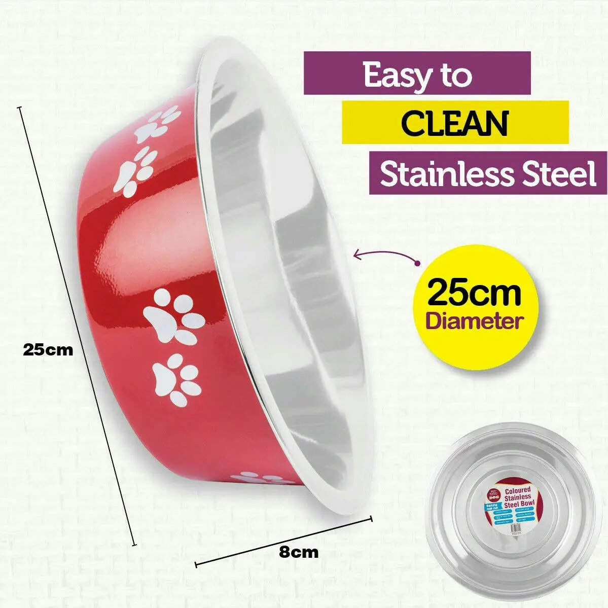 Pet Basic 2PCE Stainless Steel Large Bowls 25cm Paw Print Design 2500ml