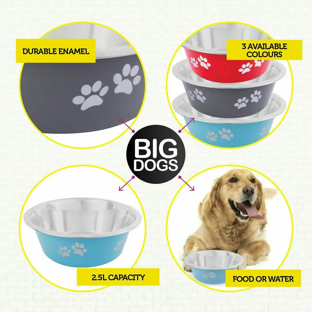 Pet Basic 2PCE Stainless Steel Large Bowls 25cm Paw Print Design 2500ml