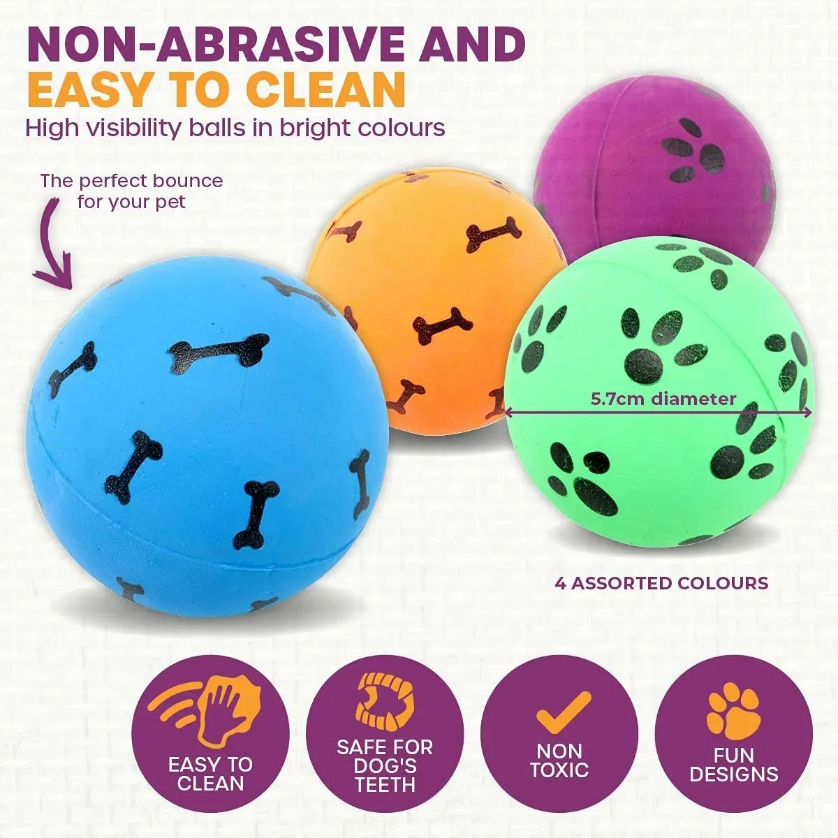 Pet Basic 4PK Dog Rubber Fetch Balls Safe Play Time Fun Bright Colours 5.7cm