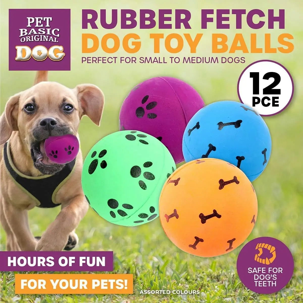 Pet Basic 4PK Dog Rubber Fetch Balls Safe Play Time Fun Bright Colours 5.7cm