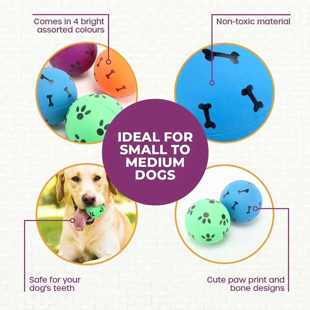 Pet Basic 4PK Dog Rubber Fetch Balls Safe Play Time Fun Bright Colours 5.7cm