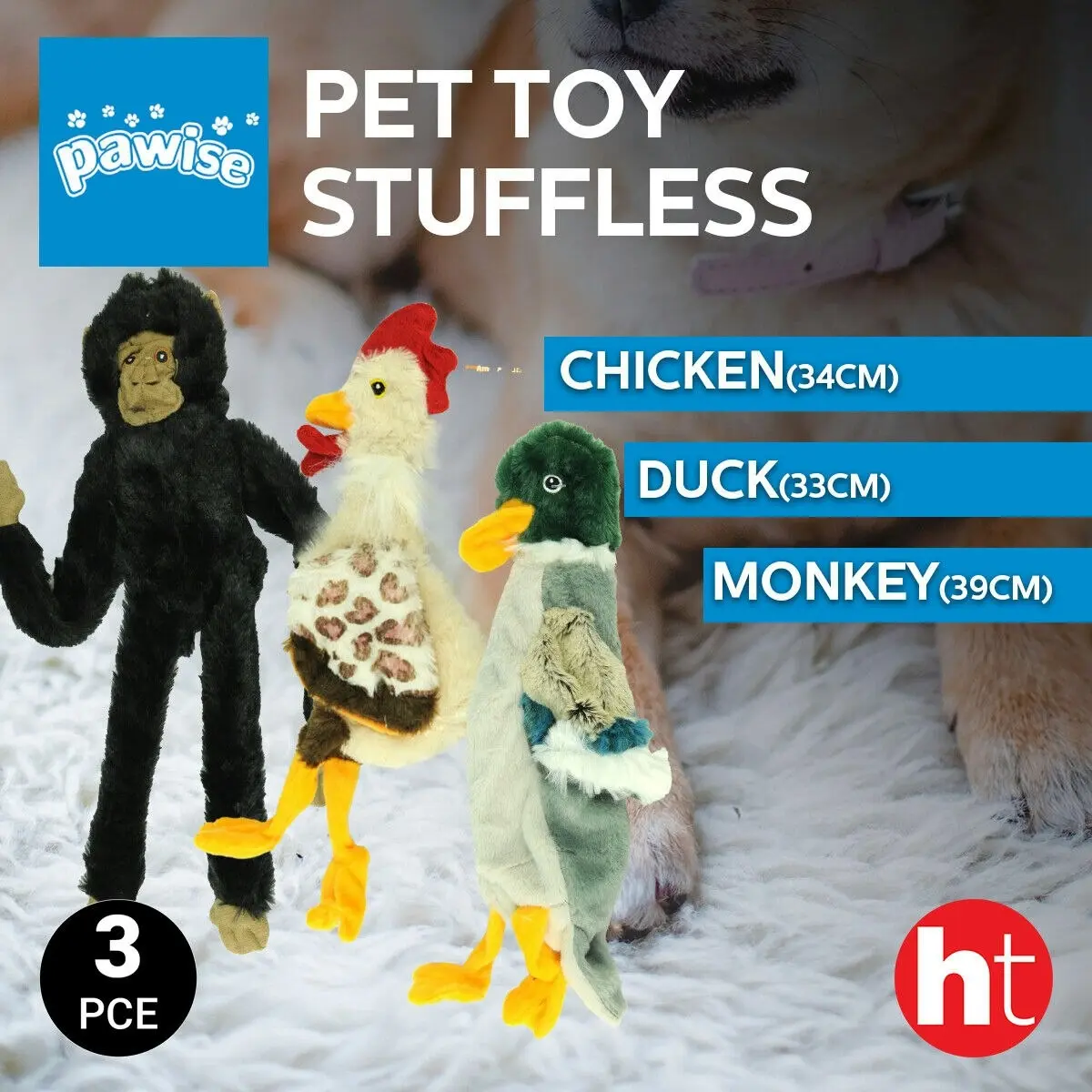 PaWise Dog Pet Toy 3Pc (Duck 33Cm - Chicken 35Cm - Monkey 39Cm) Fun Chew Soft Plush Durable Stuffed Training