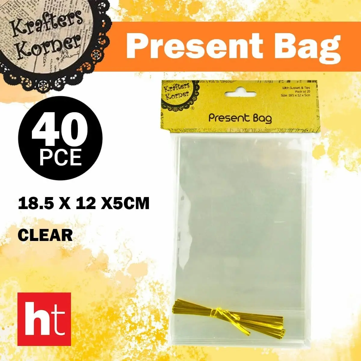 [2Pk X 20Pce] Krafters Korner Present Bag With Gusset & Ties (18.5 X 12 X5Cm)